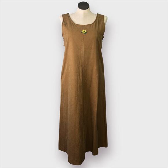 Handmade Brown Denim Jumper Dress Beaded Sunflower Embellishment Modest Size L - Picture 1 of 11